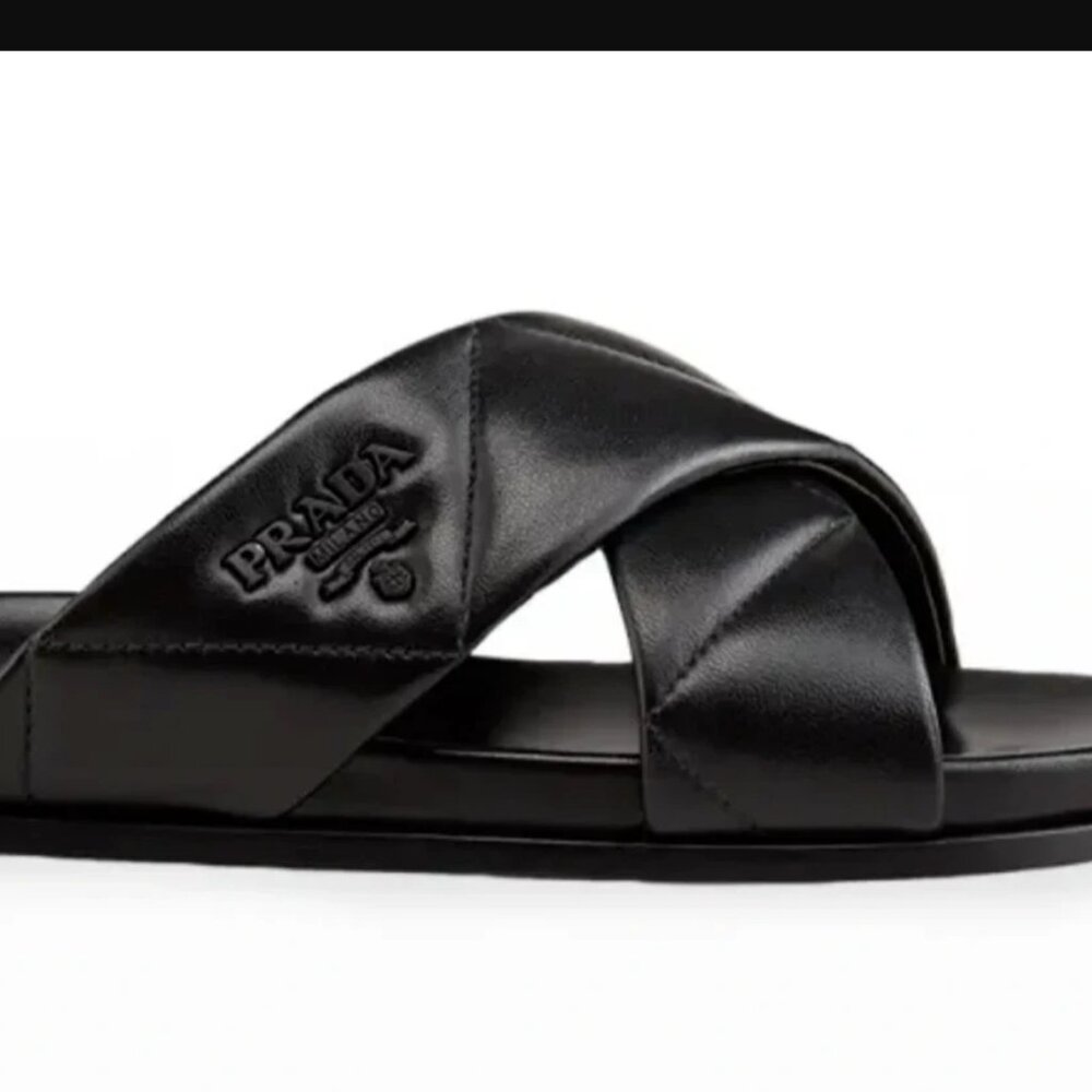 Prada - Quilted Crossband Nappa Leather Sandals - Black - Picture 2 of 7